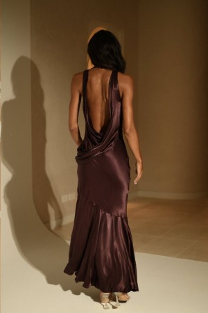 Meshiki Ellison Satin Cowl Gown Chocolate Oscuro | XCGW2925