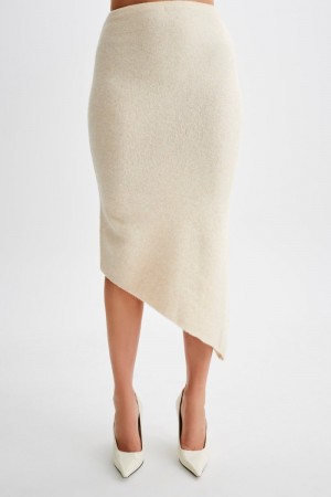 Meshiki Genevieve Asymmetrical Knit Midi Creme | LCMM9402