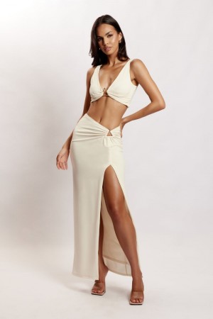 Meshiki Jacqui Side Split Maxi Creme | OWHE0912