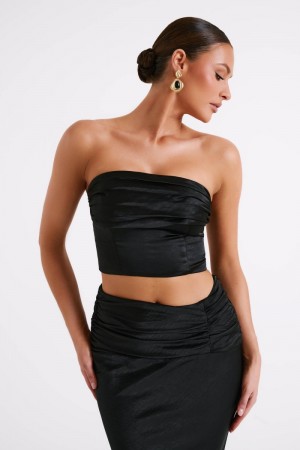 Meshiki Khalani Ruched Strapless Satin Negras | WFKU5524