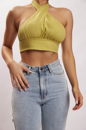 Meshiki Piper Halter Neck Linen Crop Verde | SNFN3232