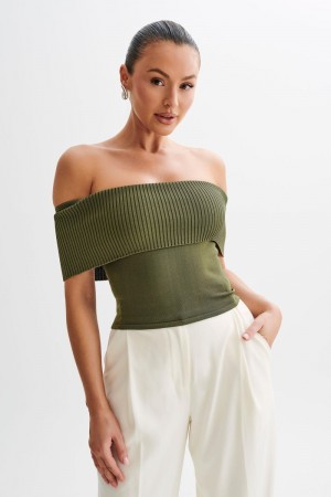 Meshiki Susanna Off Shoulder Knit Verde Oliva | OGFD5733