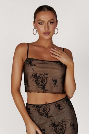 Meshiki Xena Embroidered Mesh Cami Negras | HVWU1415