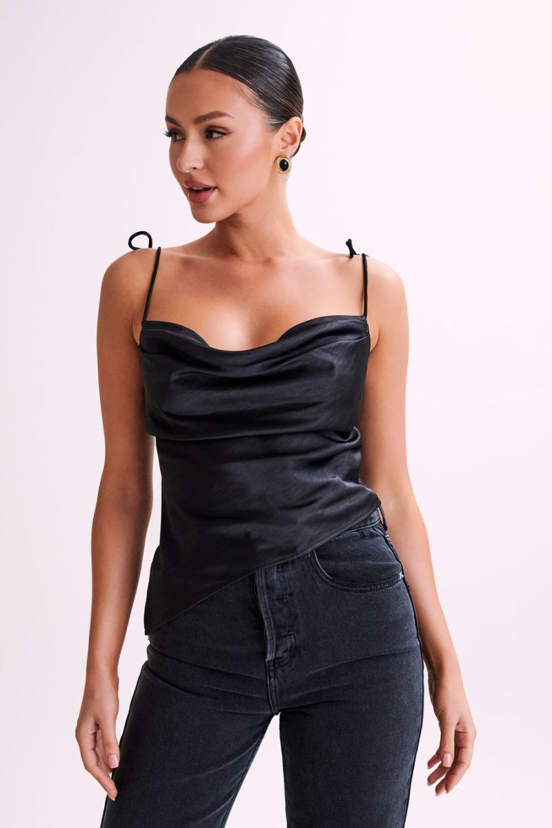 Camisole Meshiki Zavani Asymmetrical Satin Negras | VRDX8948