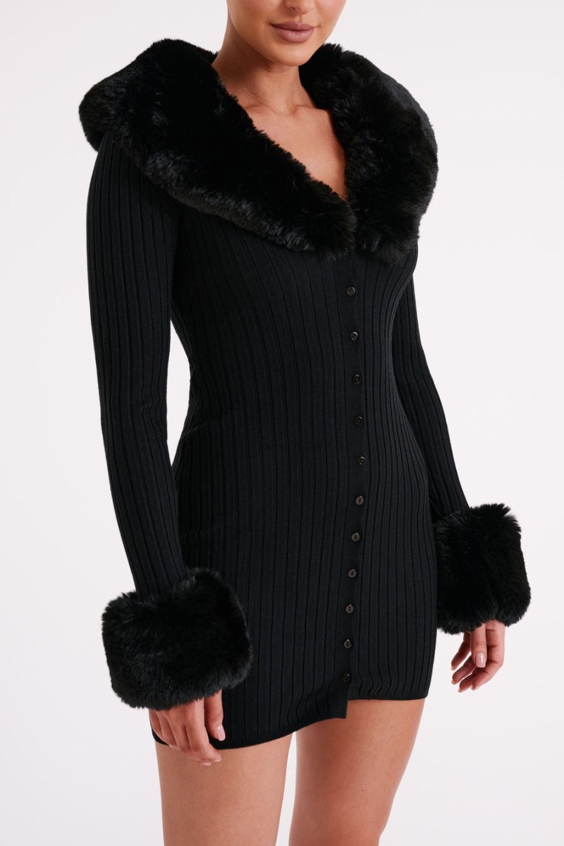 Meshiki Aurora Fur Trim Knit Negras | KQWG2112