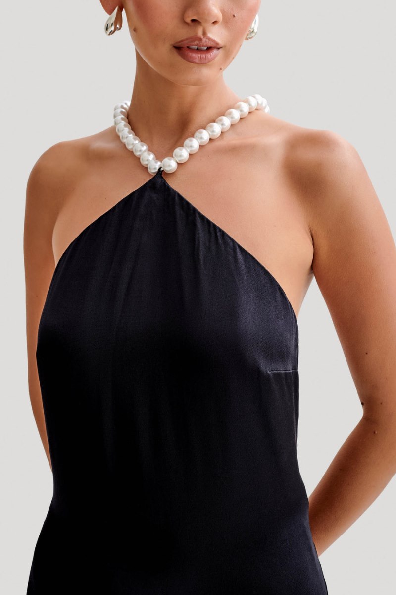 Meshiki Blanche Satin Pearl Halter Negras | MNAZ0100