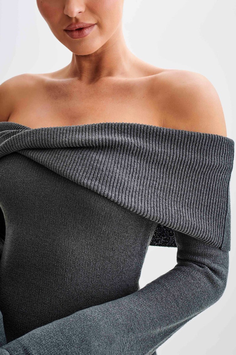 Meshiki Camryn Off Shoulder Tie Knit Gris Oscuro | RZQU8421