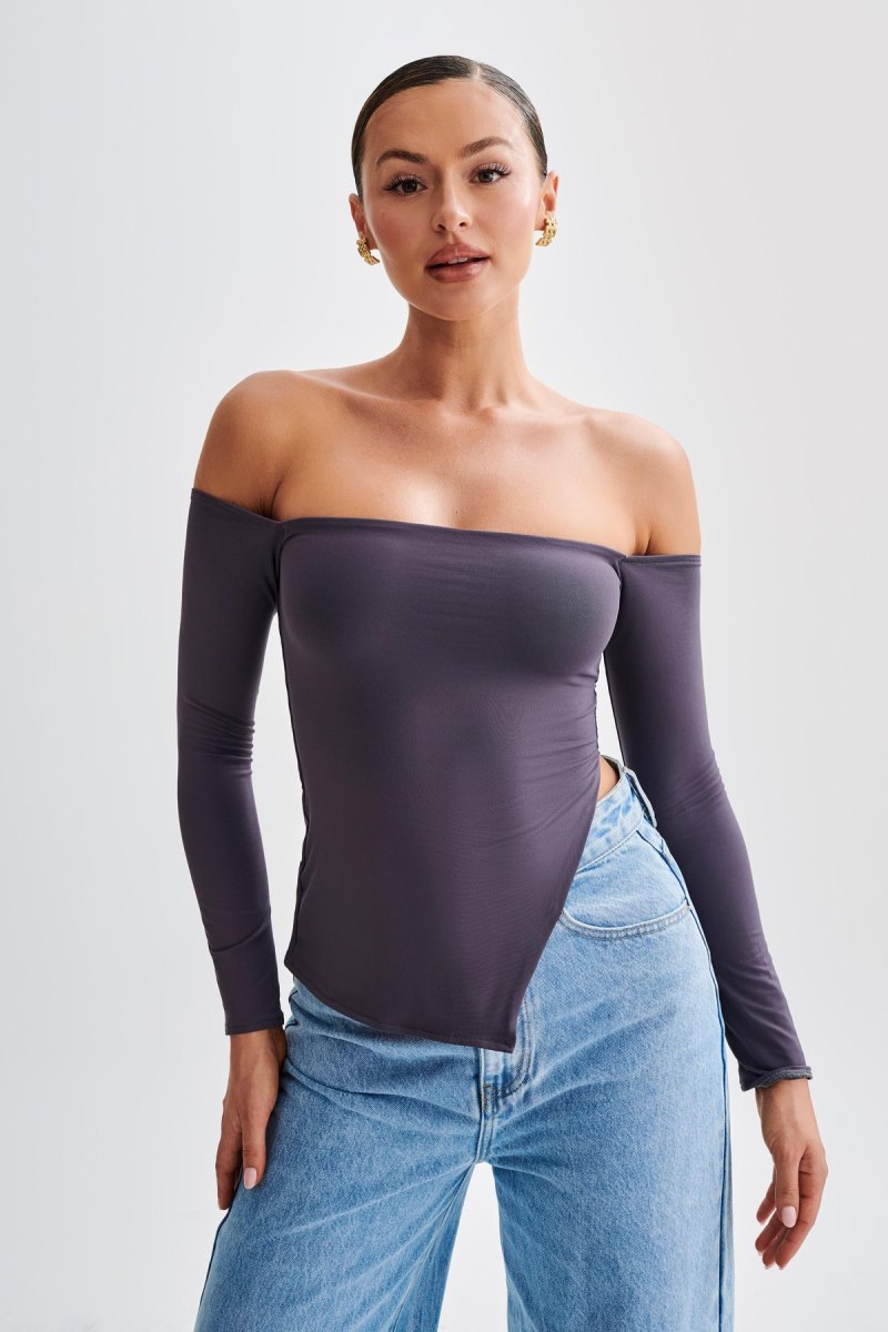 Meshiki Carmen Recycled Nylon Off Shoulder Gris Oscuro | TYQH6802