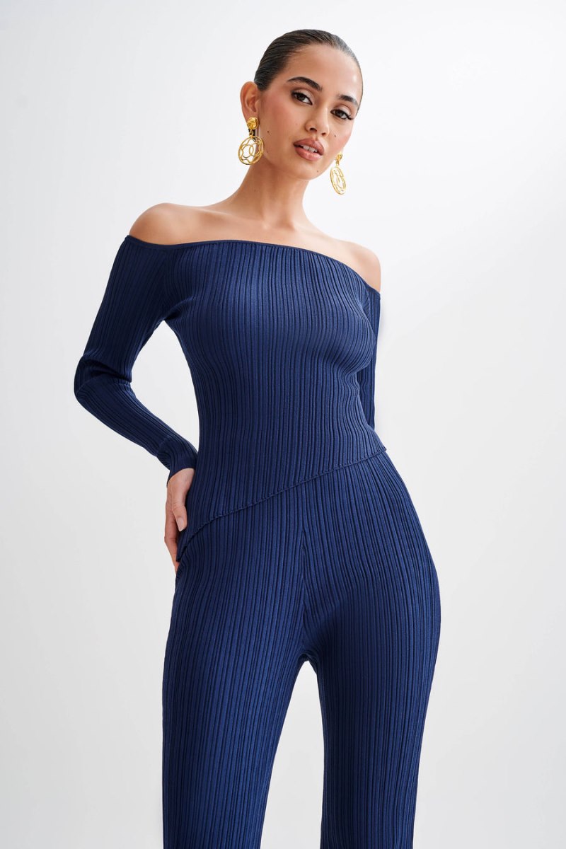 Meshiki Chiara Off Shoulder Rib Knit Azul Marino | KRNO5026