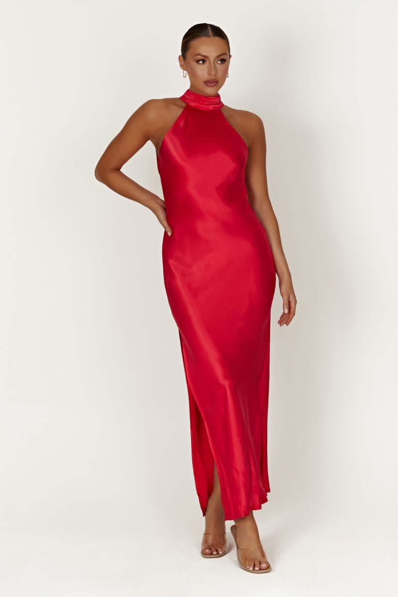 Meshiki Claire Satin Drape Back Split Rojas | WUQG7259