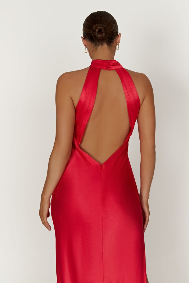 Meshiki Claire Satin Drape Back Split Rojas | WUQG7259