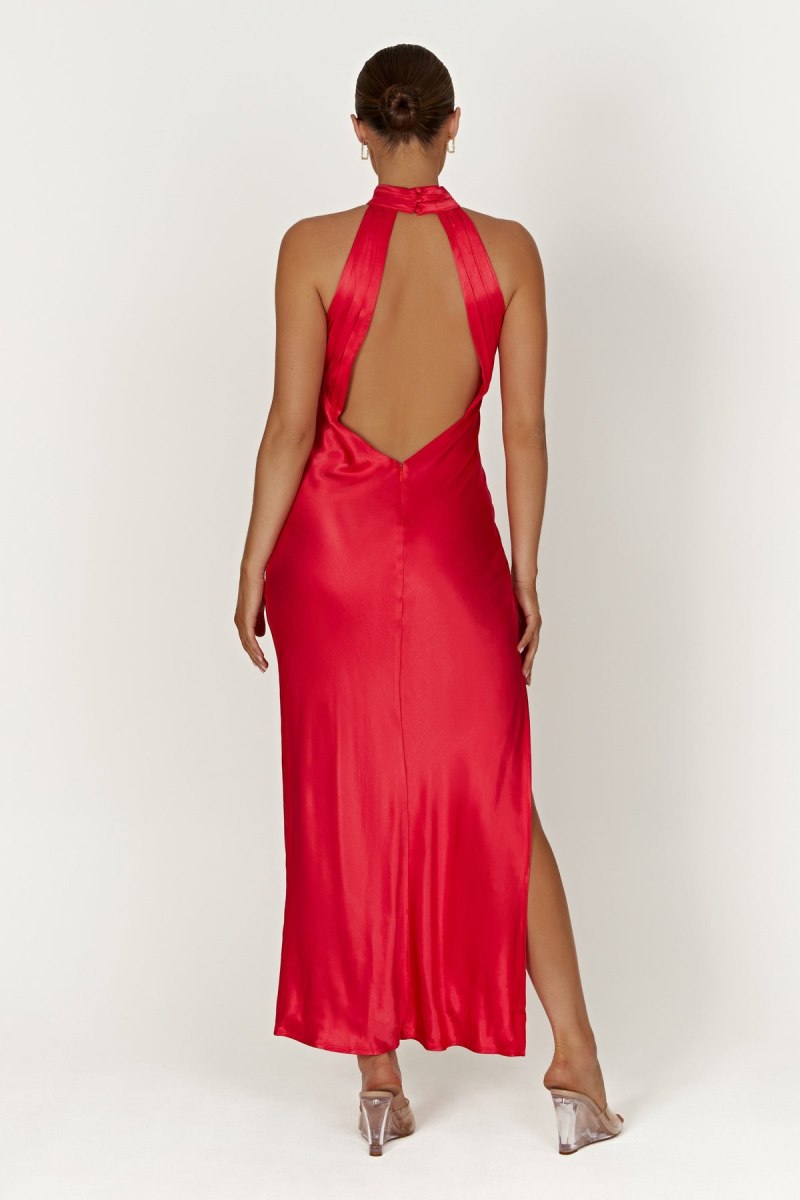 Meshiki Claire Satin Drape Back Split Rojas | WUQG7259