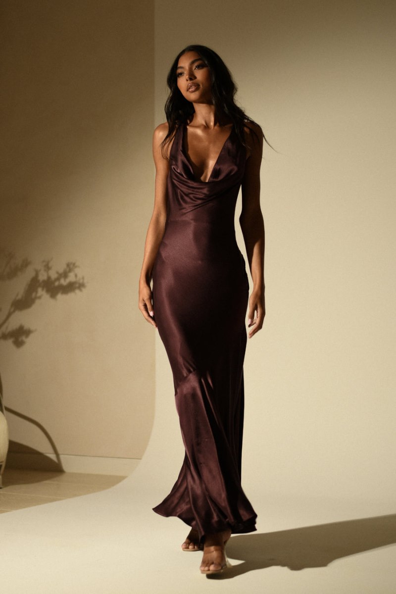 Meshiki Ellison Satin Cowl Gown Chocolate Oscuro | XCGW2925