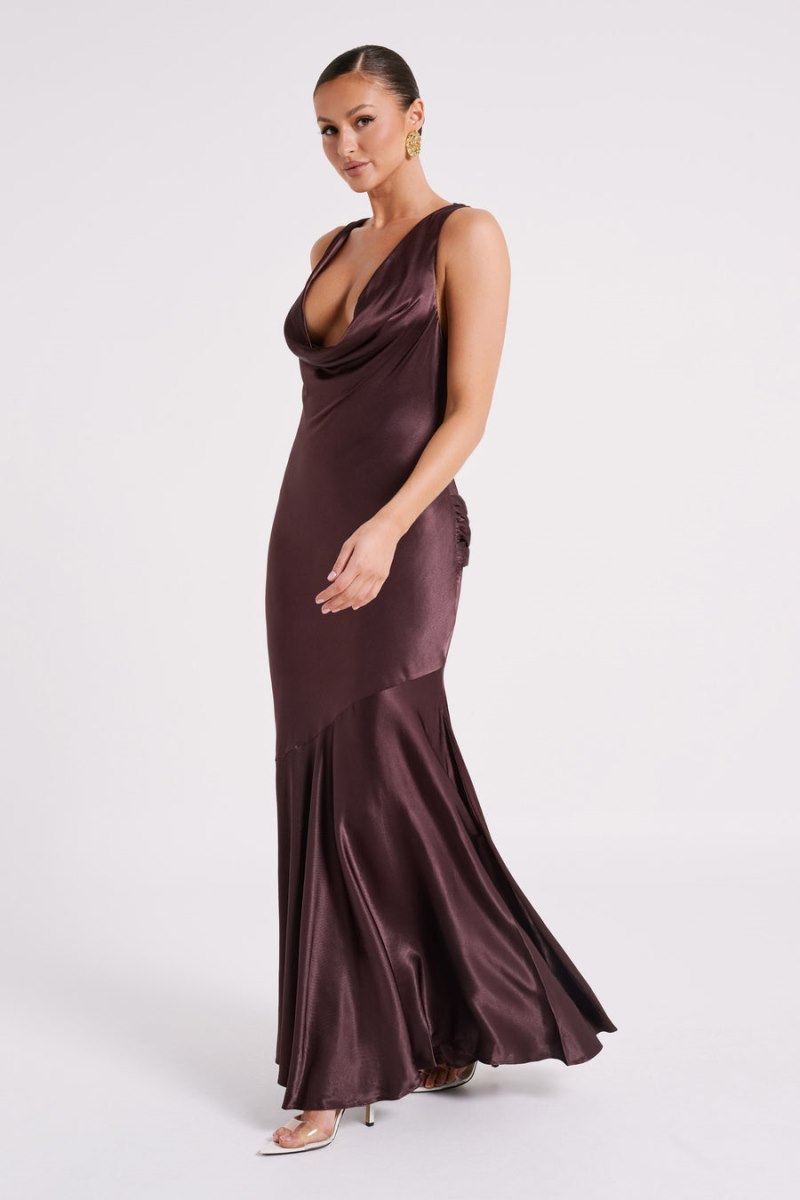 Meshiki Ellison Satin Cowl Gown Chocolate Oscuro | XCGW2925