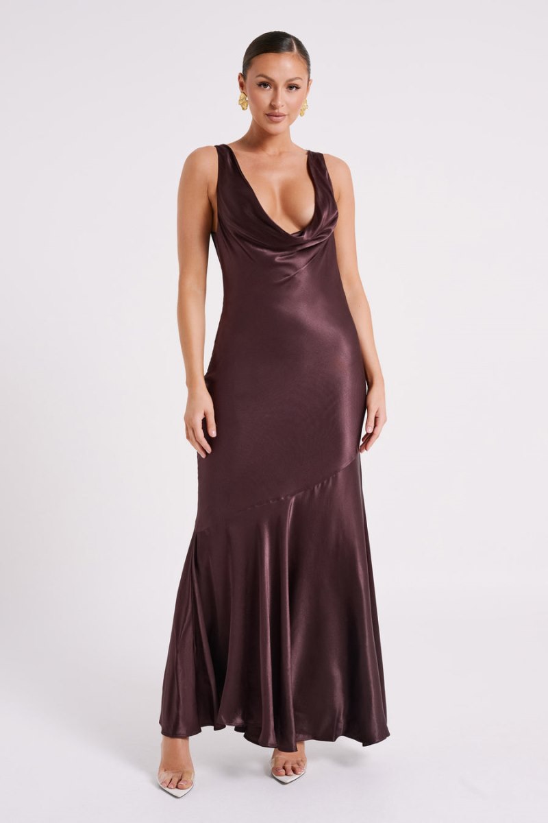 Meshiki Ellison Satin Cowl Gown Chocolate Oscuro | XCGW2925