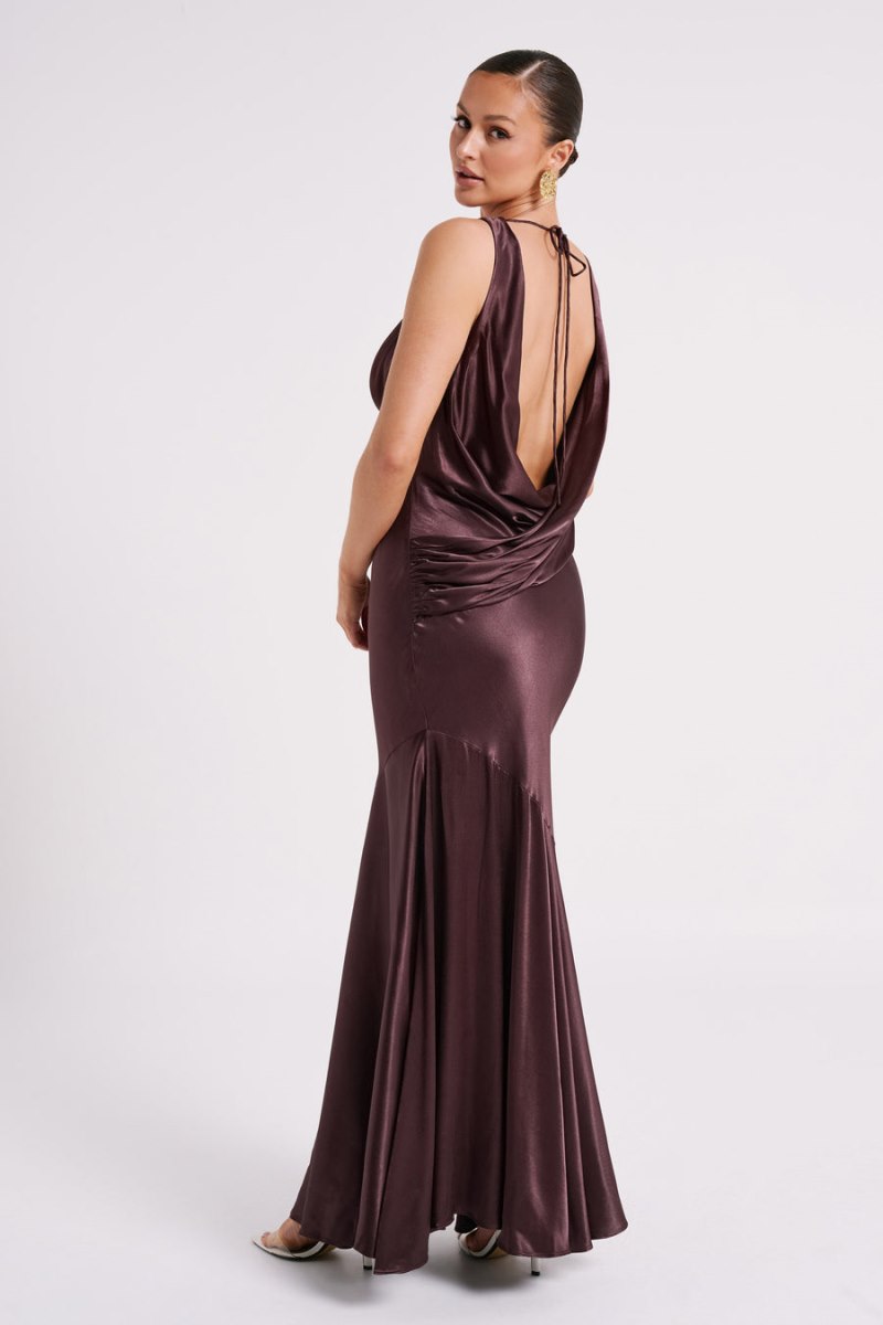 Meshiki Ellison Satin Cowl Gown Chocolate Oscuro | XCGW2925