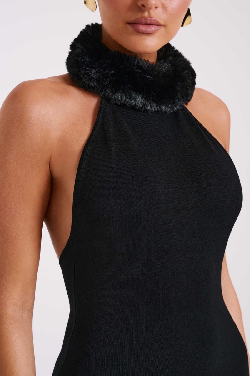 Meshiki Elva Halter Knit Faux Fur Negras | QFZP4961