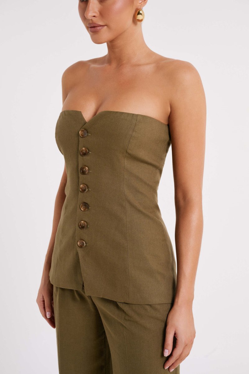 Meshiki Innis Linen Longline Strapless Verde Oliva | ZSZM2253