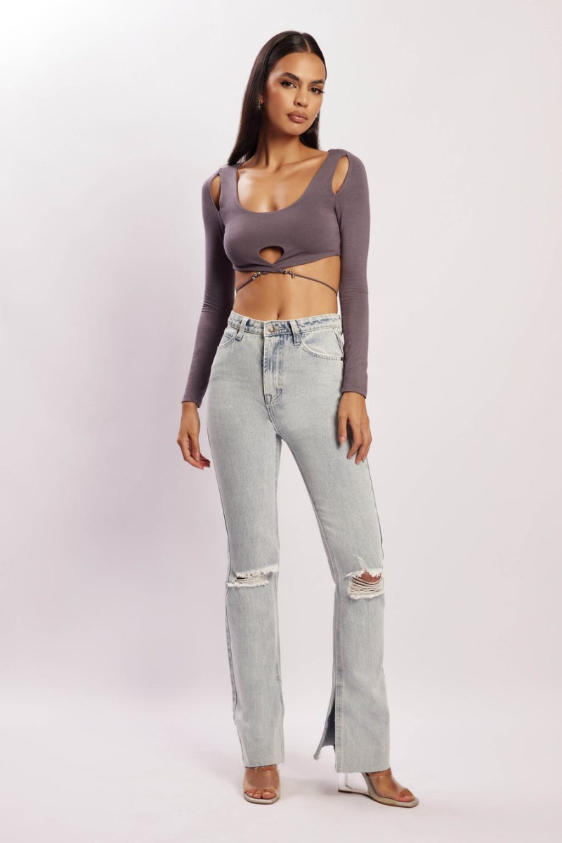 Meshiki Jessie Long Sleeve Cut Out Crop Gris Oscuro | AFMZ6900