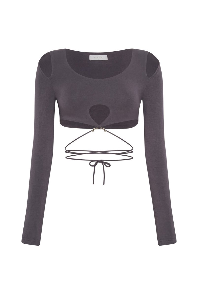 Meshiki Jessie Long Sleeve Cut Out Crop Gris Oscuro | AFMZ6900