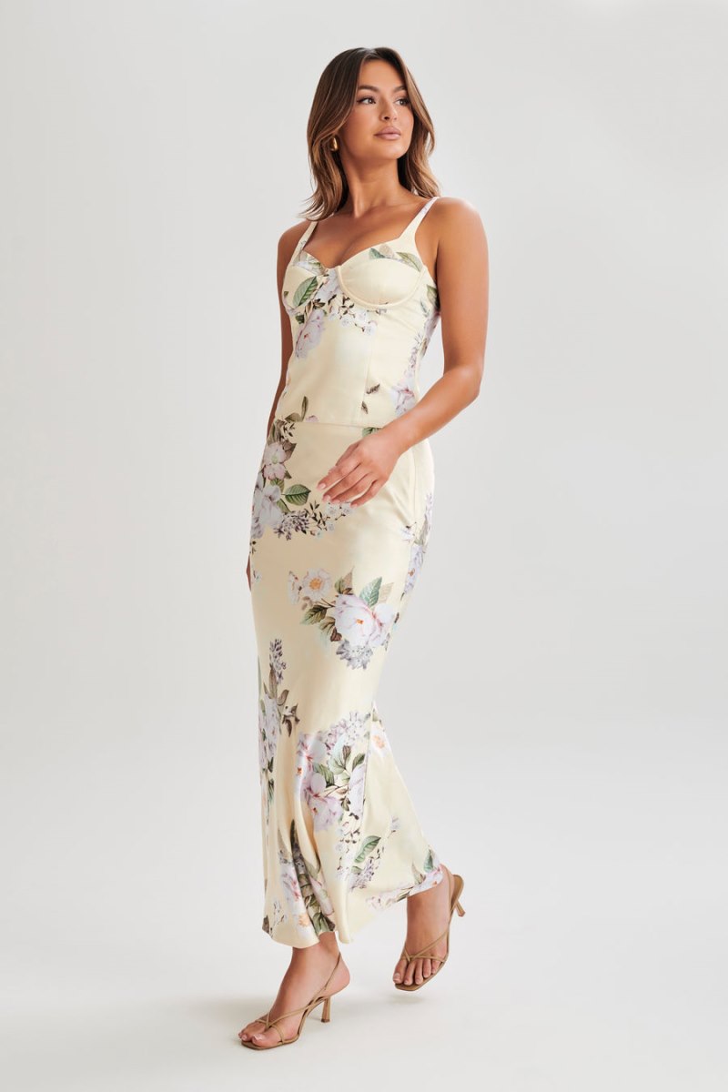 Meshiki Karley Floral Satin Midi Limón | HZFA8226