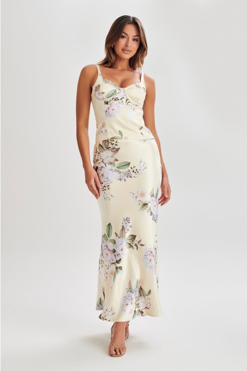 Meshiki Karley Floral Satin Midi Limón | HZFA8226