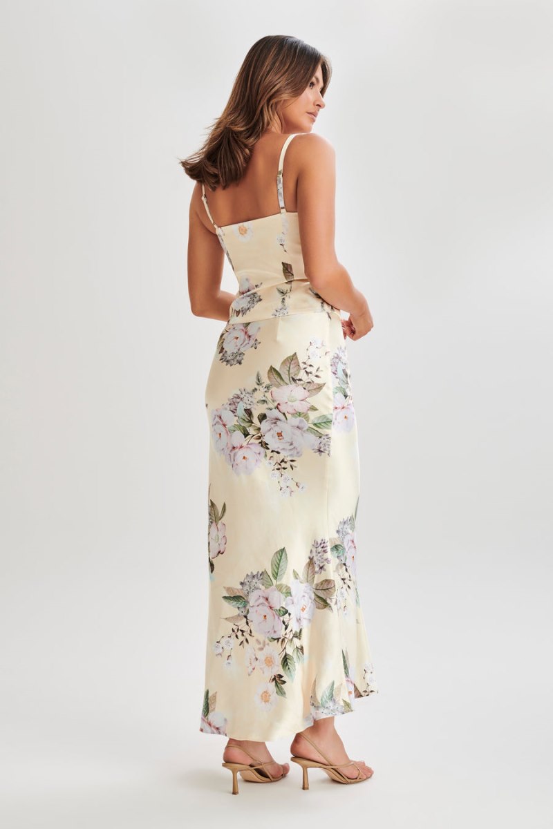 Meshiki Karley Floral Satin Midi Limón | HZFA8226