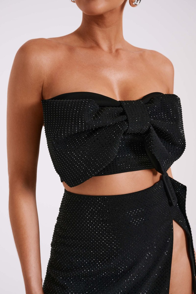 Meshiki Katie Diamante Bow Crop Negras | VKXK2497