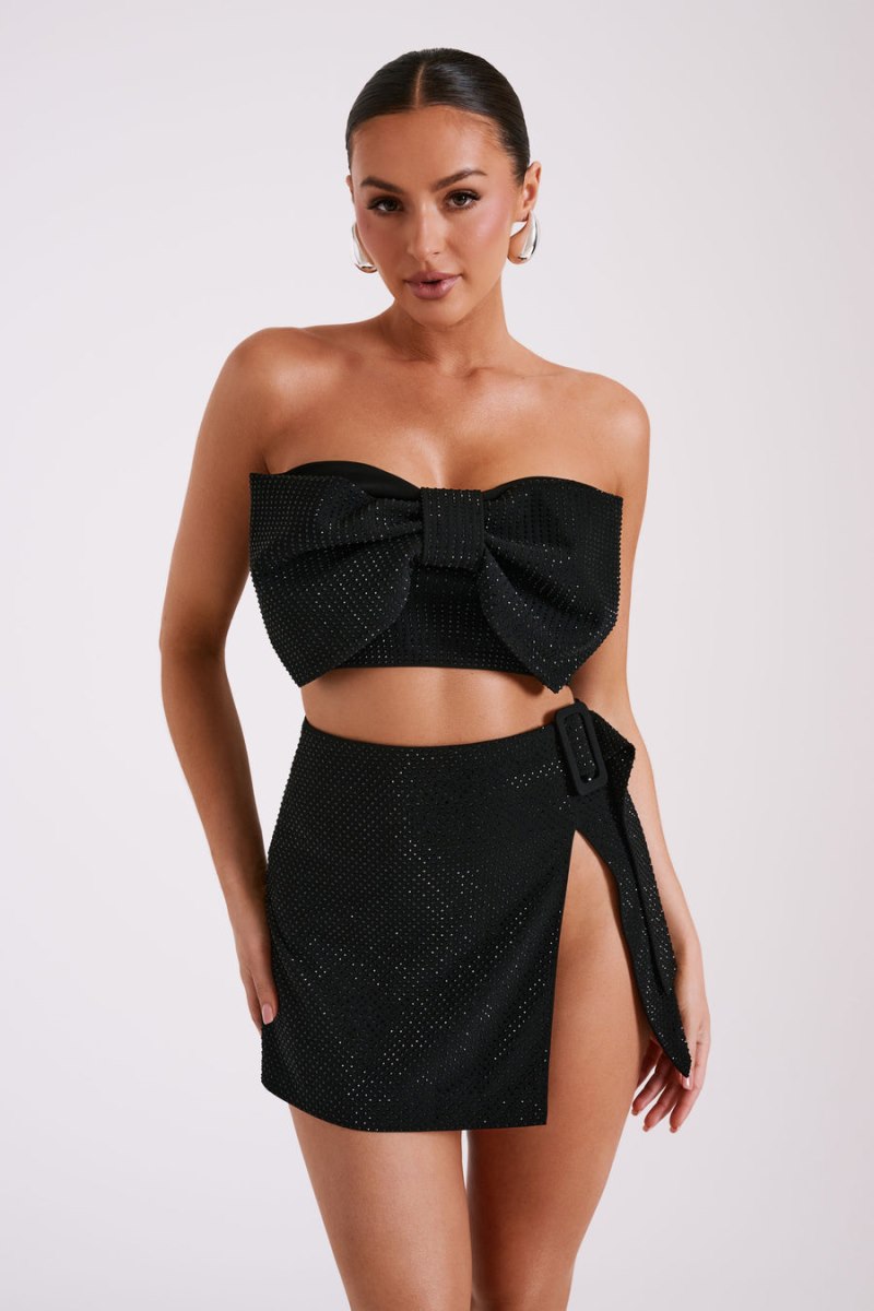 Meshiki Katie Diamante Bow Crop Negras | VKXK2497