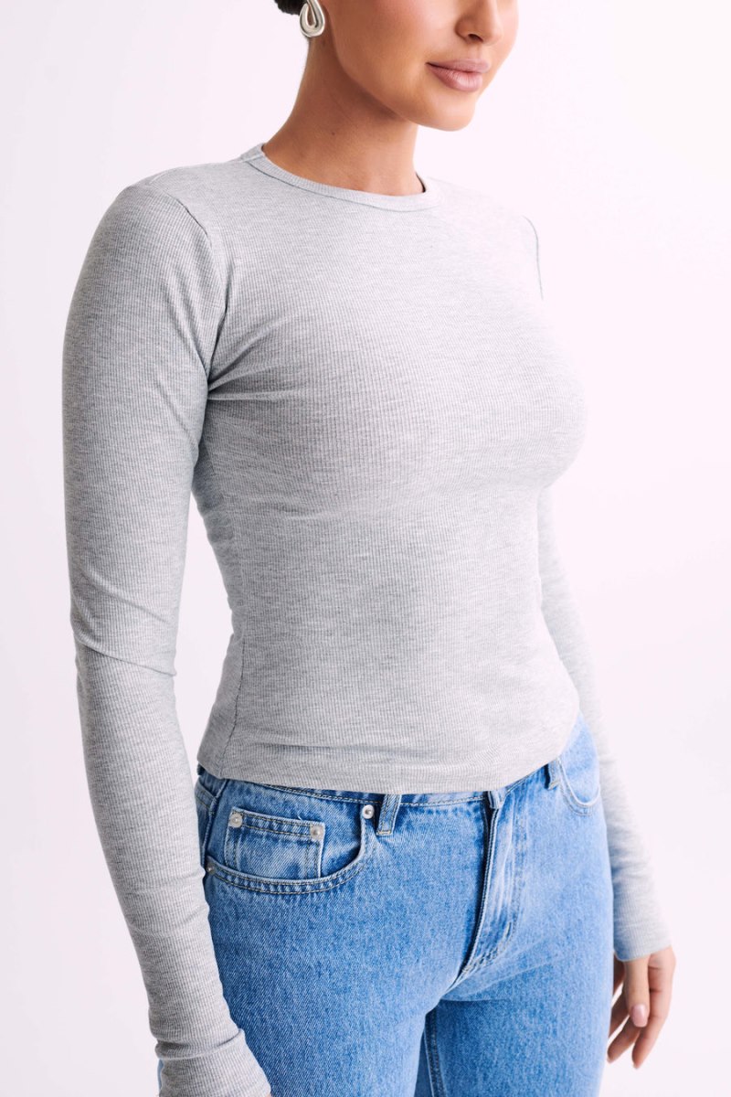 Meshiki Keeley Long Sleeve Rib Crop Gris | ZTDY5692