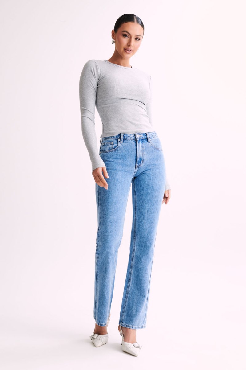 Meshiki Keeley Long Sleeve Rib Crop Gris | ZTDY5692