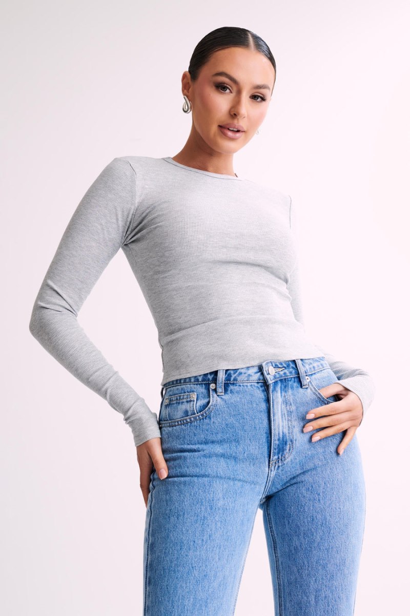 Meshiki Keeley Long Sleeve Rib Crop Gris | ZTDY5692