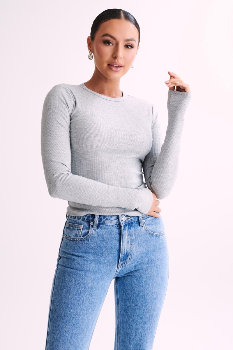 Meshiki Keeley Long Sleeve Rib Crop Gris | ZTDY5692