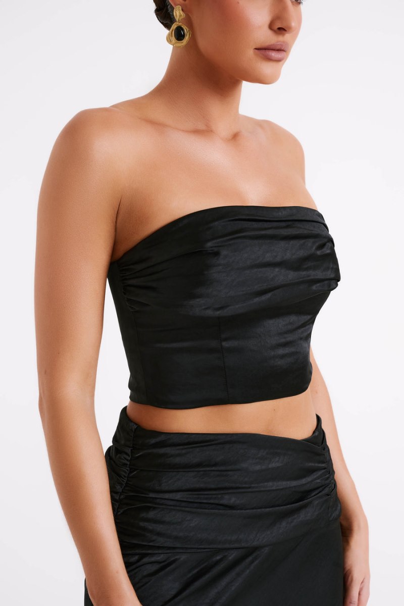 Meshiki Khalani Ruched Strapless Satin Negras | WFKU5524