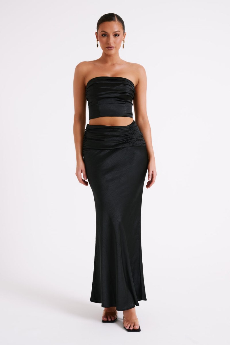 Meshiki Khalani Ruched Strapless Satin Negras | WFKU5524