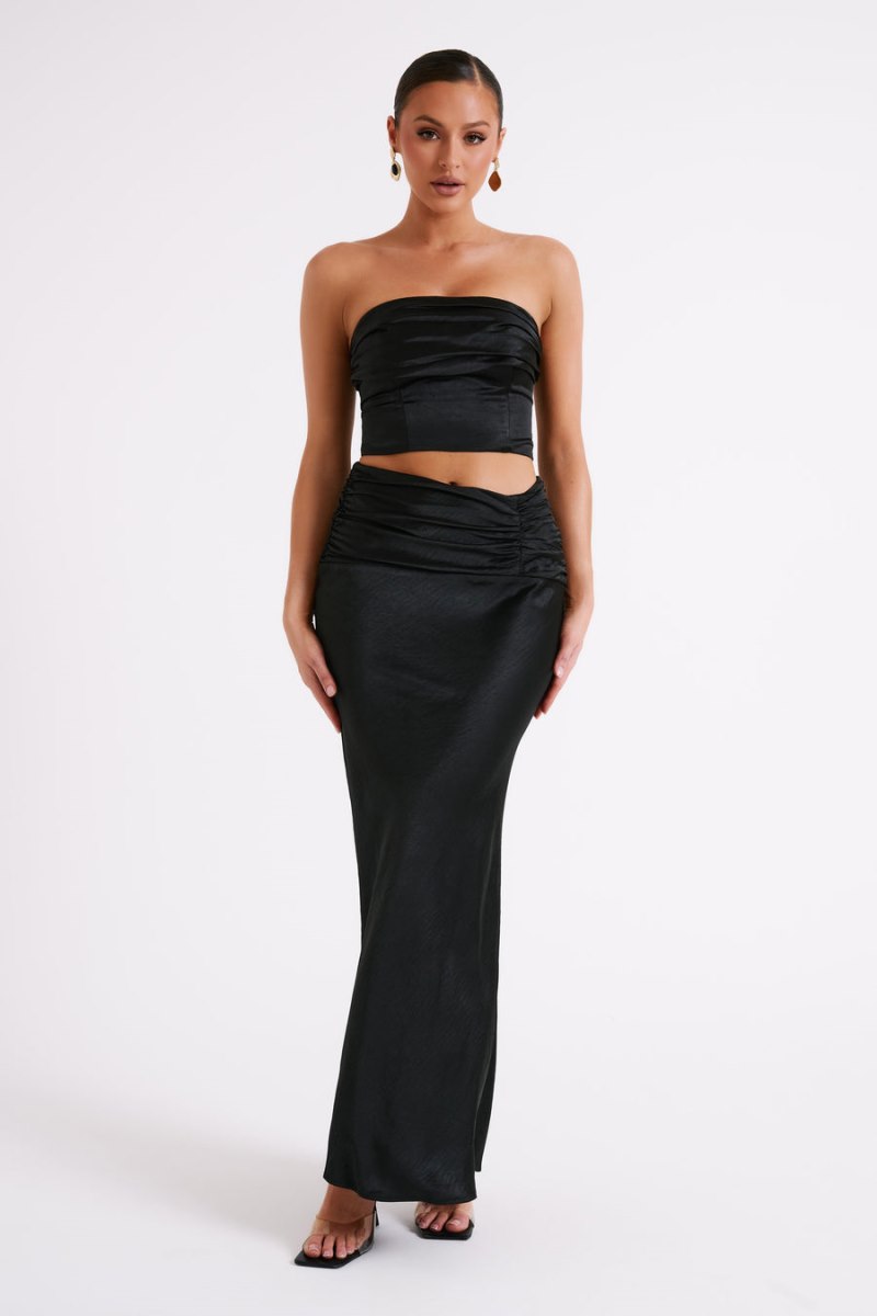 Meshiki Khalani Ruched Strapless Satin Negras | WFKU5524