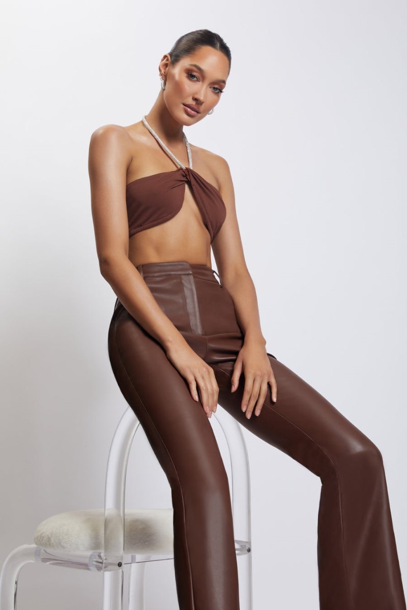 Meshiki Lea Diamante Chain Halter Neck Crop Chocolate | EVXR6646