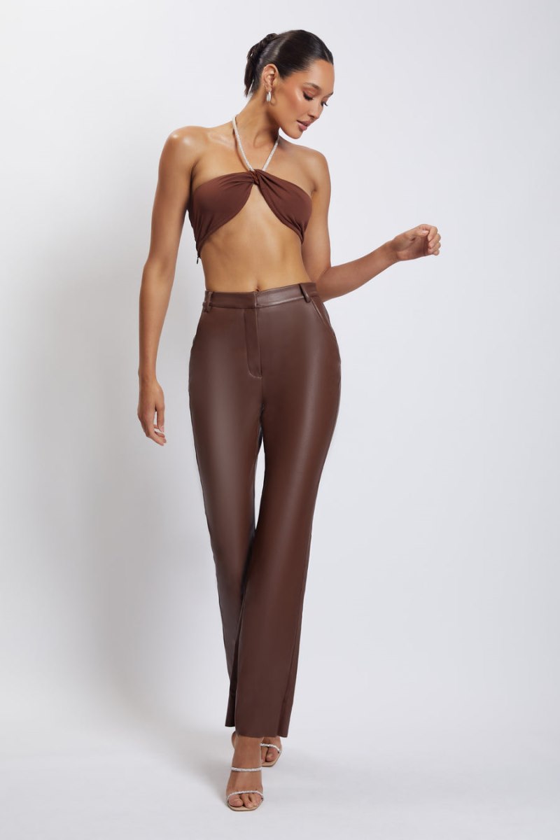 Meshiki Lea Diamante Chain Halter Neck Crop Chocolate | EVXR6646