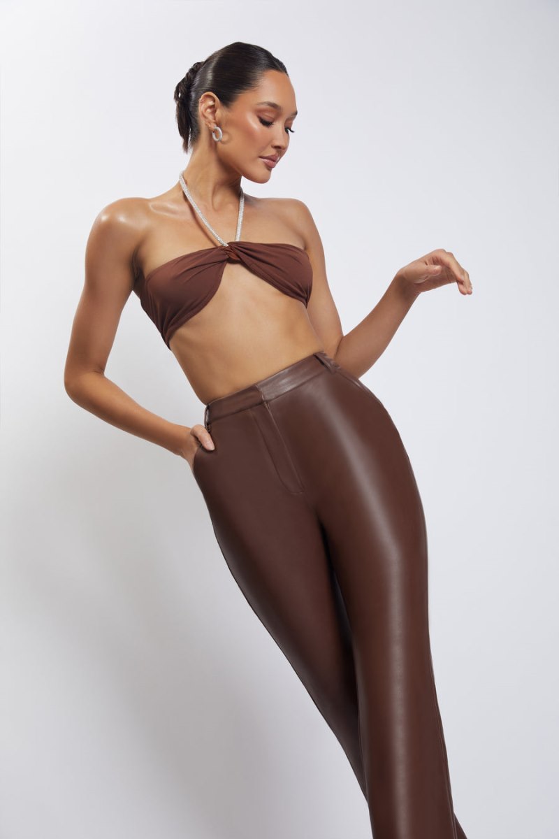 Meshiki Lea Diamante Chain Halter Neck Crop Chocolate | EVXR6646