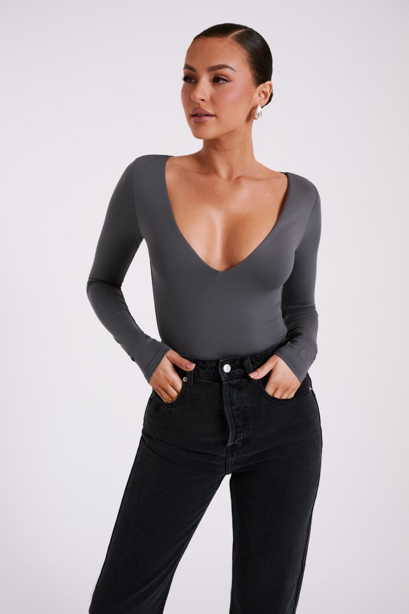 Meshiki Nia Long Sleeve V Neck Gris Oscuro | ANLY5416