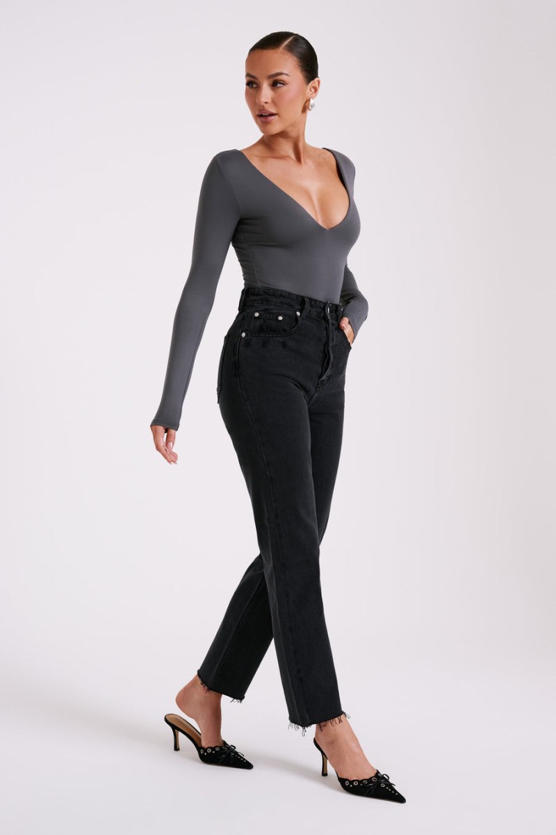 Meshiki Nia Long Sleeve V Neck Gris Oscuro | ANLY5416