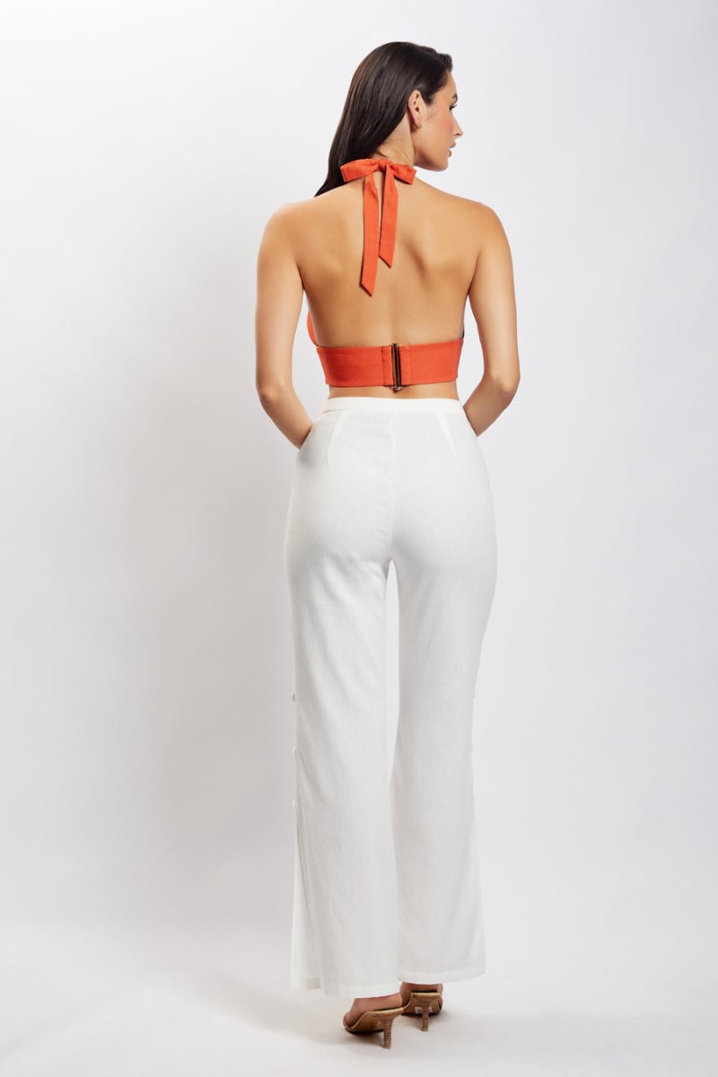 Meshiki Piper Halter Neck Linen Crop Naranjas | ZWUF5844