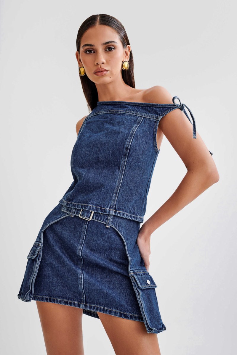 Meshiki Ramsey Denim Off Shoulder Azules Oscuro | EKKM0244