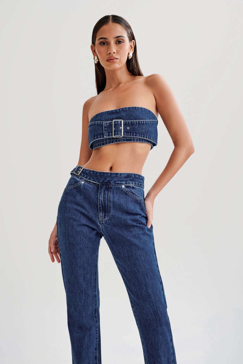 Meshiki Rowena Denim Buckle Bandeau Azules Oscuro | XNIT2167