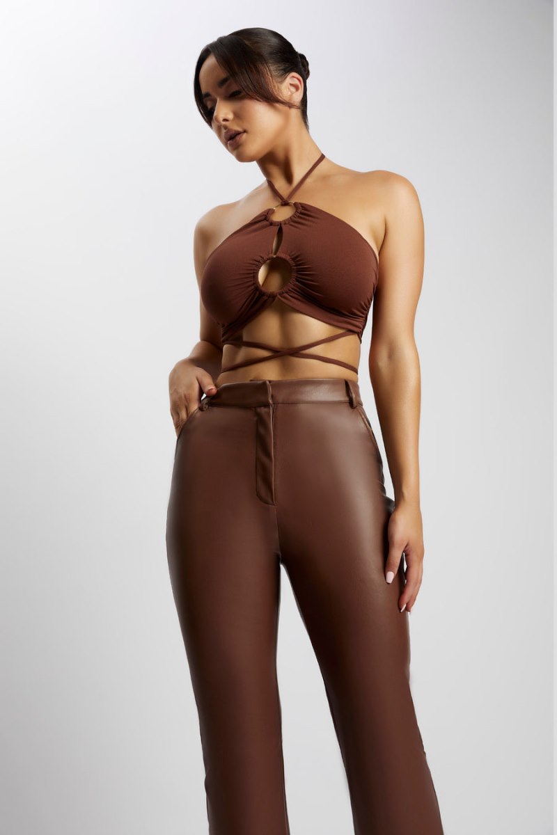 Meshiki Sabrina Ruched Halter Crop Chocolate | AQCV7260