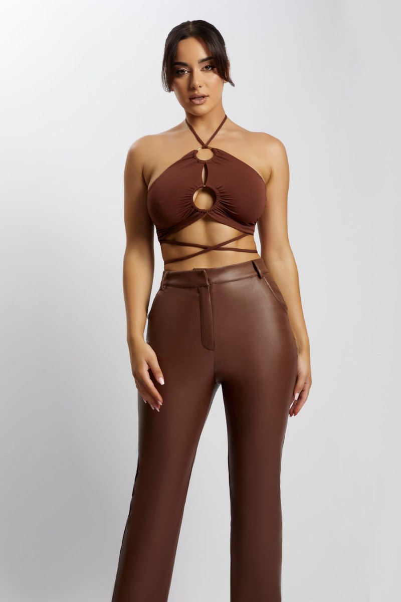 Meshiki Sabrina Ruched Halter Crop Chocolate | AQCV7260