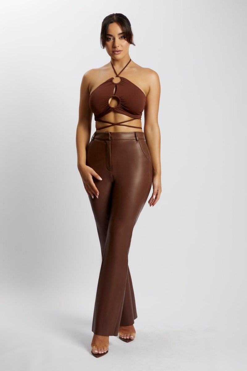 Meshiki Sabrina Ruched Halter Crop Chocolate | AQCV7260