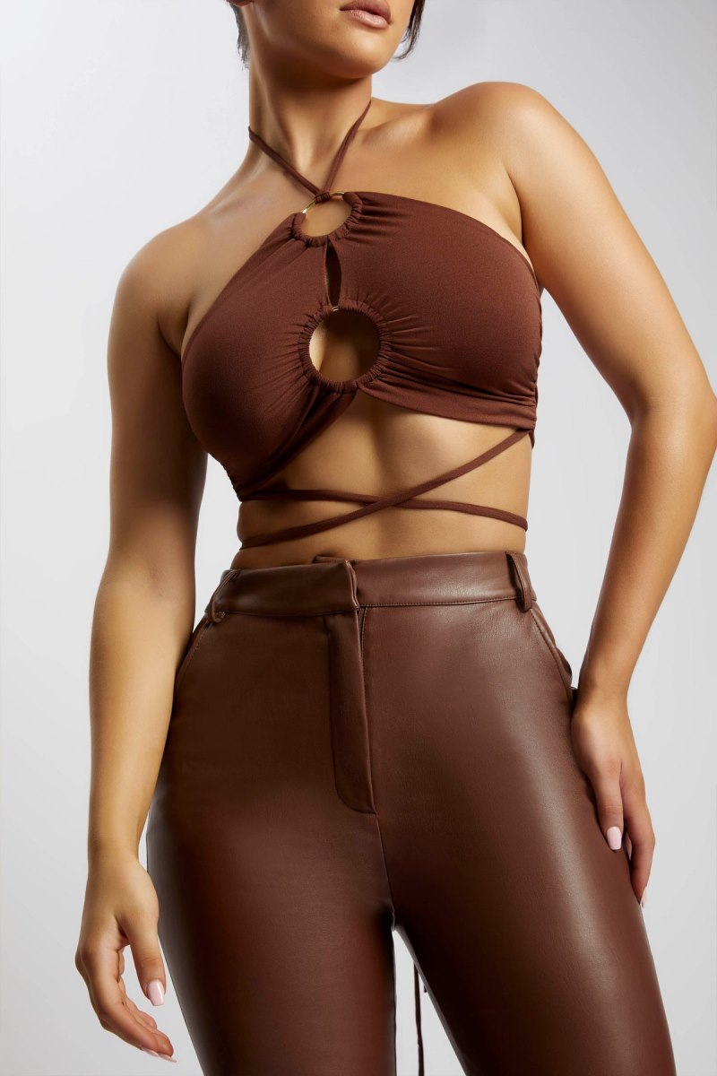 Meshiki Sabrina Ruched Halter Crop Chocolate | AQCV7260