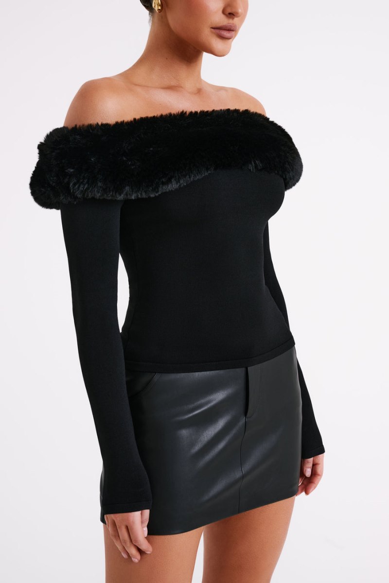 Meshiki Sare Off Shoulder Fur Trim Knit Negras | LMLX8214