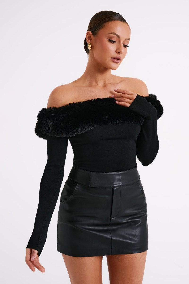 Meshiki Sare Off Shoulder Fur Trim Knit Negras | LMLX8214